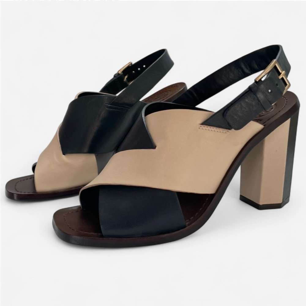 Tory Burch Modern Leather Tan and Black Block Heel Open Toe Sandals Size 9